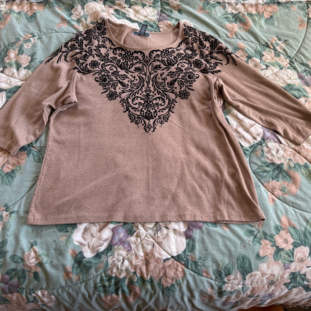 Karen Scott Tan Top with Black Embroidery